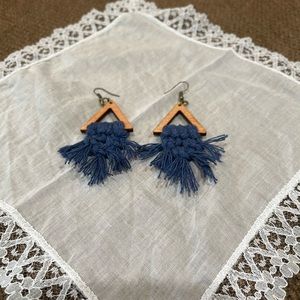 Gardener’s Grove Macramé Earrings, dark blue and wood
